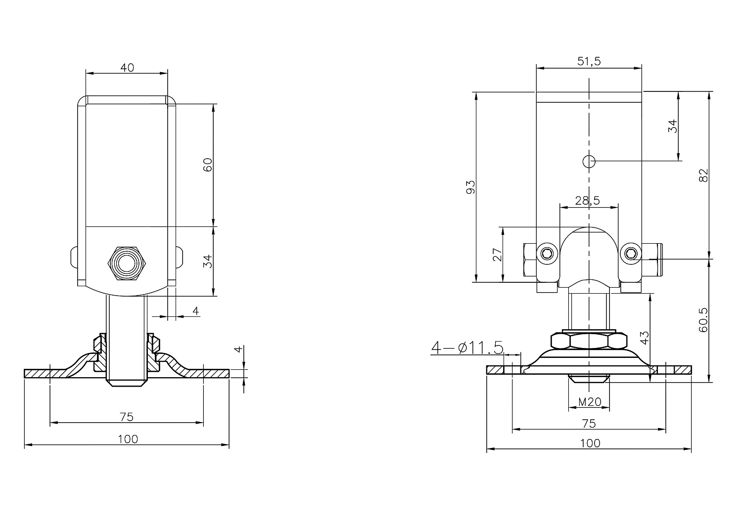 JL135C петля регулируемая М20 с обхватом профиля 60х40 с площадкой под прикручивание 100х100