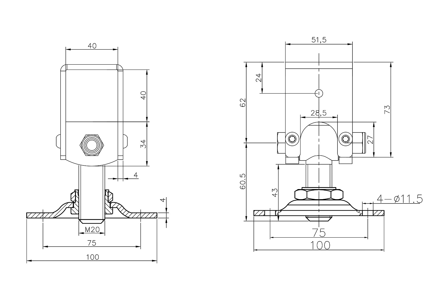 JL132C петля регулируемая М20 с обхватом профиля 40х40 с площадкой под прикручивание 100х100